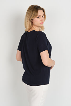 Sistas Kadın Yakası Parlak Taş Süslemeli Kısa Kollu Bluz 24281 Lacivert