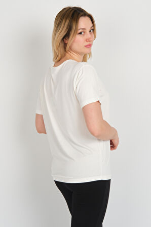 Sistas Kadın Yakası Parlak Taş Süslemeli Kısa Kollu Bluz 24281 Ekru