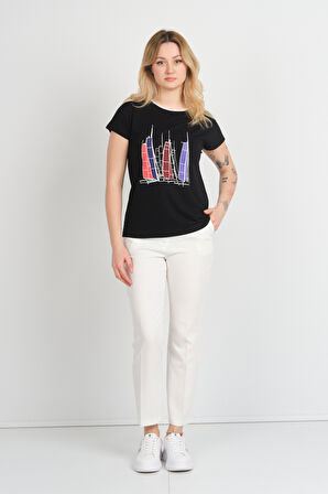 Sistas Kadın Düşük Kol Bisiklet Yaka Desenli Bluz 24300 Siyah