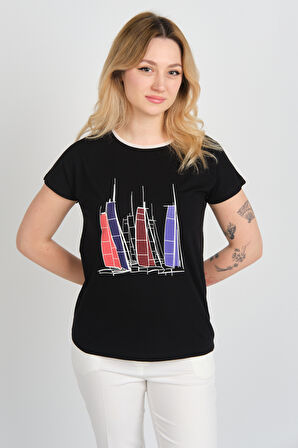 Sistas Kadın Düşük Kol Bisiklet Yaka Desenli Bluz 24300 Siyah