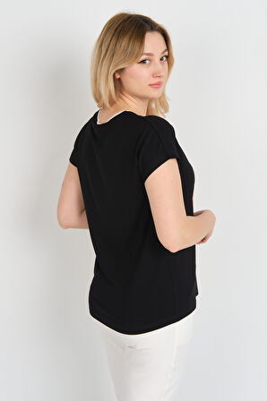 Sistas Kadın Düşük Kol Bisiklet Yaka Desenli Bluz 24300 Siyah