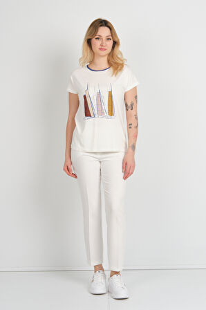 Sistas Kadın Düşük Kol Bisiklet Yaka Desenli Bluz 24300 Ekru