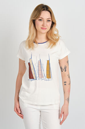 Sistas Kadın Düşük Kol Bisiklet Yaka Desenli Bluz 24300 Ekru