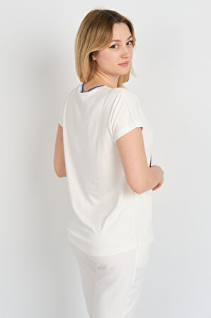 Sistas Kadın Düşük Kol Bisiklet Yaka Desenli Bluz 24300 Ekru