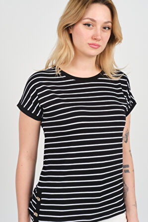 Sistas Kadın Bisiklet Yaka Çizgili Yanları Gold Düğmeli Bluz 24298 Siyah