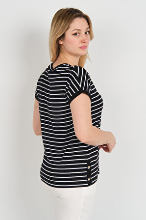 Sistas Kadın Bisiklet Yaka Çizgili Yanları Gold Düğmeli Bluz 24298 Siyah