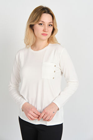 Sistas Kadın Tek Cepli Bisiklet Yaka Uzun Kol Bluz 24525 Ekru