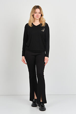 Sistas Kadın Uzun Kollu V Yaka İşleme Detaylı Bluz 4565 Siyah