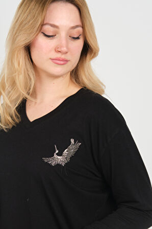 Sistas Kadın Uzun Kollu V Yaka İşleme Detaylı Bluz 4565 Siyah