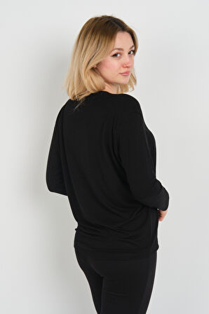 Sistas Kadın Uzun Kollu V Yaka İşleme Detaylı Bluz 4565 Siyah