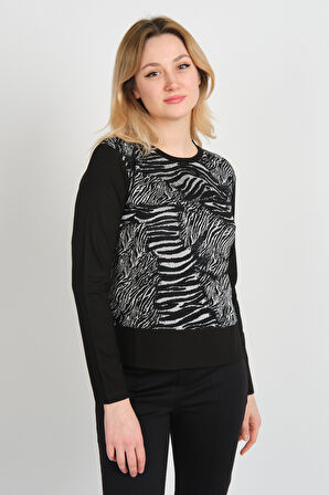 Sistas Kadın Bisiklet Yaka Desenli Önü Kısa Arkası Uzun Bluz 24595 Siyah-Ekru