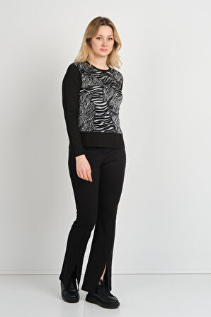 Sistas Kadın Bisiklet Yaka Desenli Önü Kısa Arkası Uzun Bluz 24595 Siyah-Ekru