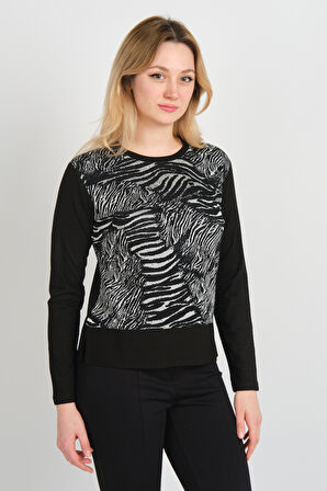 Sistas Kadın Bisiklet Yaka Desenli Önü Kısa Arkası Uzun Bluz 24595 Siyah-Ekru