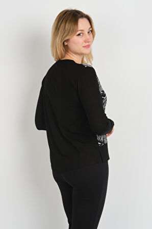 Sistas Kadın Bisiklet Yaka Desenli Önü Kısa Arkası Uzun Bluz 24595 Siyah-Ekru