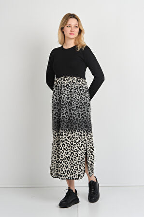 Sistas Kadın Leopar Desenli Yanları Yırtmaçlı Bisiklet Yaka Elbise 24922 Gri-Bej