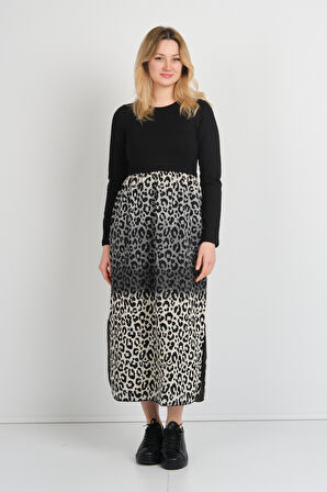 Sistas Kadın Leopar Desenli Yanları Yırtmaçlı Bisiklet Yaka Elbise 24922 Gri-Bej