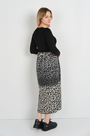 Sistas Kadın Leopar Desenli Yanları Yırtmaçlı Bisiklet Yaka Elbise 24922 Gri-Bej