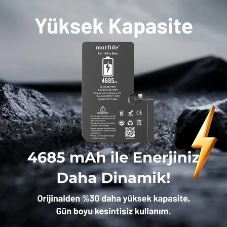 Apple iPhone 16 Pro Max Uyumlu 4685mAh Yüksek Kapasiteli Batarya - Gelişmiş Akıllı Chip - Pil Sağlığı Destekli - Morfide M-Max