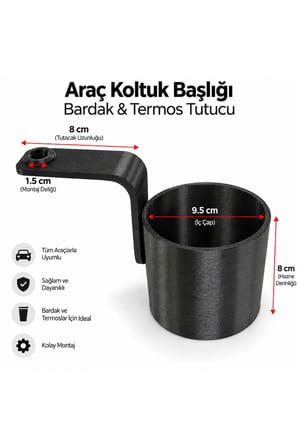 Araç İçi Bardak Tutucu - Koltuk Arkası Başlık Demiri Geçmeli Termos Şişe Askısı Organizer - Siyah