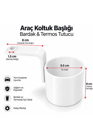 Araç İçi Bardak Tutucu - Koltuk Arkası Başlık Demiri Geçmeli Termos Şişe Askısı Organizer - Beyaz