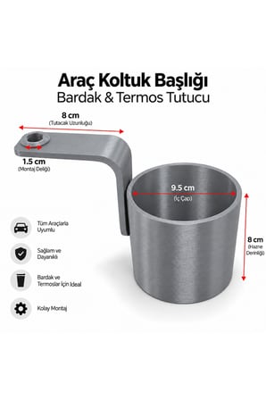 Araç İçi Bardak Tutucu - Koltuk Arkası Başlık Demiri Geçmeli Termos Şişe Askısı Organizer - Gri