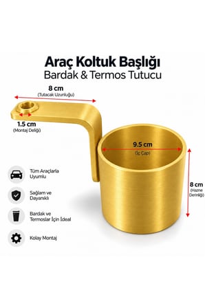 Araç İçi Bardak Tutucu - Koltuk Arkası Başlık Demiri Geçmeli Termos Şişe Askısı Organizer - Gold