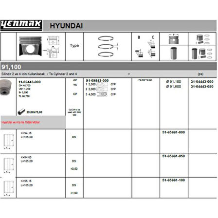 Kia Motor Piston Segman Std Starex Tci 2001-> Kia K2500 Tci 2004-> (2-4 Siralı Piston) D4bh Motor 91,10 - Yenmak 31-04443-000