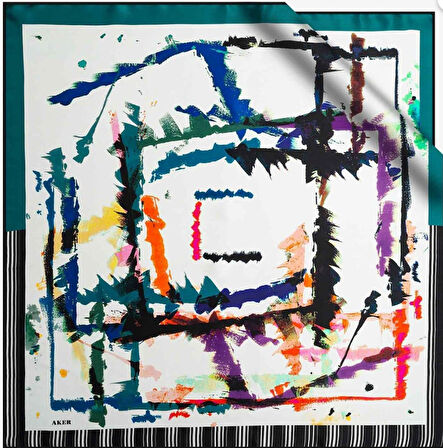 Aker Tivil Saf İpek Eşarp 7958713 - 912 Beyaz Yeşil Soyut Desen