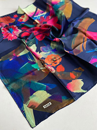 Aker Sura Saf İpek Eşarp 7900701 - 321 Lacivert Çiçek Desen