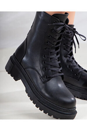 Florin Kadın Siyah Kalın Platform Taban Bağcıklı Hafif Kışlık Fermuarlı Spor Günlük Yarım Postal Bot