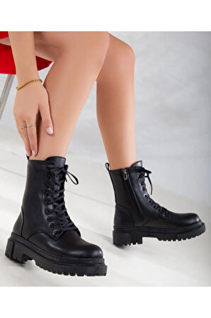 Florin Kadın Siyah Kalın Platform Taban Bağcıklı Hafif Kışlık Fermuarlı Spor Günlük Yarım Postal Bot