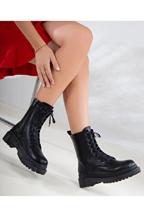 Florin Kadın Siyah Kalın Platform Taban Bağcıklı Hafif Kışlık Fermuarlı Spor Günlük Yarım Postal Bot