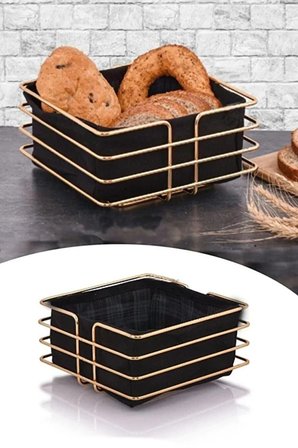 Kare Ekmeklik Ekmek Sepeti Çok Amaçlı Lüx Gold Paslanmaz Sepet Siyah Kumaş