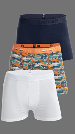 3'lü Erkek Çok Renkli Pamuklu Likralı Boxer (BEYAZ LACİVERT SHARK)