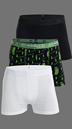 Erkek Çok Renkli 3'lü Likralı Pamuklu Boxer (BEYAZ SİYAH MR. PICKLE)