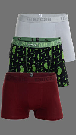 Erkek Çok Renkli 3'lü Likralı Pamuklu Boxer (GRİ BORDO MR. PICKLE)