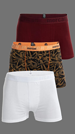 Erkek Çok Renkli 3'lü Likralı Pamuklu Boxer (BEYAZ BORDO GEOMETRİK)