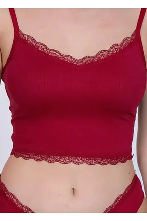 Kadın Dantel Detaylı Kırmızı Takım (Crop+Slip) Organic Pamuk
