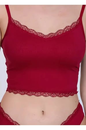 Kadın Dantel Detaylı Kırmızı Takım (Crop+Slip) Organic Pamuk