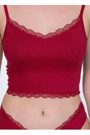 Kadın Dantel Detaylı Kırmızı Takım (Crop+Slip) Organic Pamuk