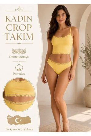 Kadın Dantel Detaylı Sarı Takım (Crop+Slip) Organic Pamuk
