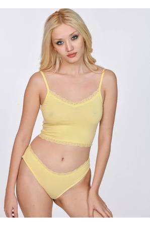 Kadın Dantel Detaylı Sarı Takım (Crop+Slip) Organic Pamuk