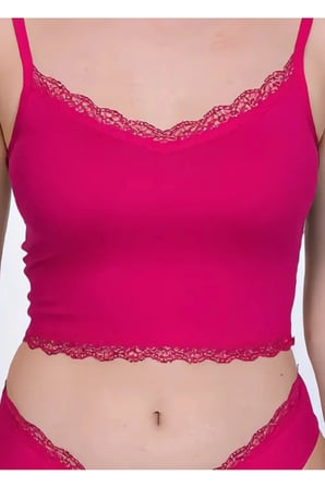 Kadın Dantel Detaylı Fuşya Pembe Takım (Crop+Slip) Organic Pamuk