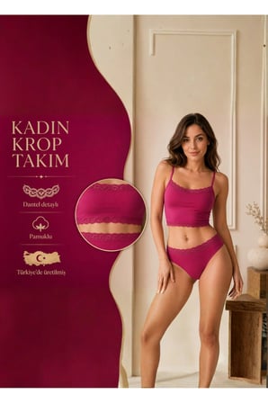 Kadın Dantel Detaylı Fuşya Pembe Takım (Crop+Slip) Organic Pamuk