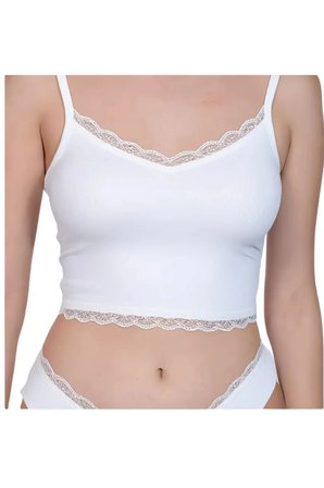 Kadın Dantel Detaylı Beyaz Takım (Crop+Slip) Organic Pamuk