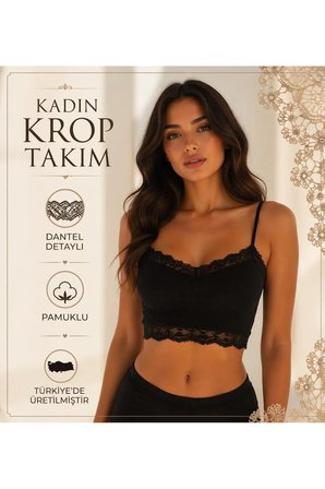 Kadın Dantel Detaylı Siyah Takım (Crop+Slip) Organic Pamuk