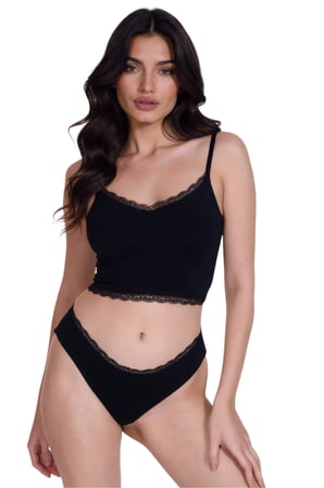 Kadın Dantel Detaylı Siyah Takım (Crop+Slip) Organic Pamuk