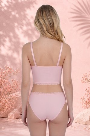Mercan Kadın İç Giyim Pudra Rengi Dantelli Crop Atlet & Slip Takımı Organik Pamuk XS Beden