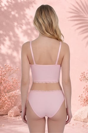 Kadın Dantel Detaylı Pudra Pembe Takım (Crop+Slip) Organic Pamuk