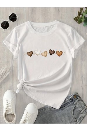 Unisex Sıralı Kalpler Baskılı Tasarım Tshirt